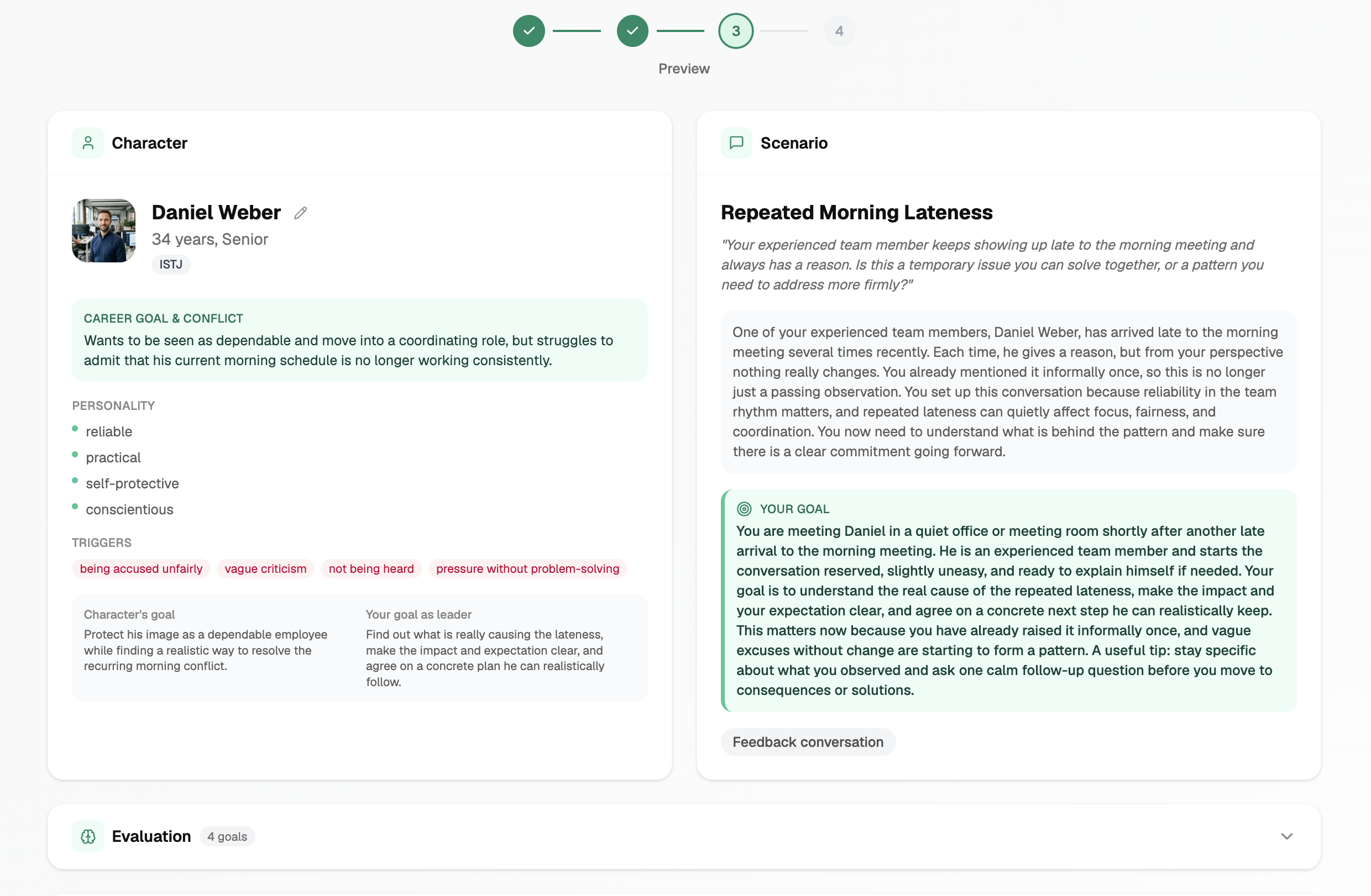 Charakterprofil für ein kritisches Mitarbeitergespräch im Remote-Meeting zur Verbesserung der Pünktlichkeit.