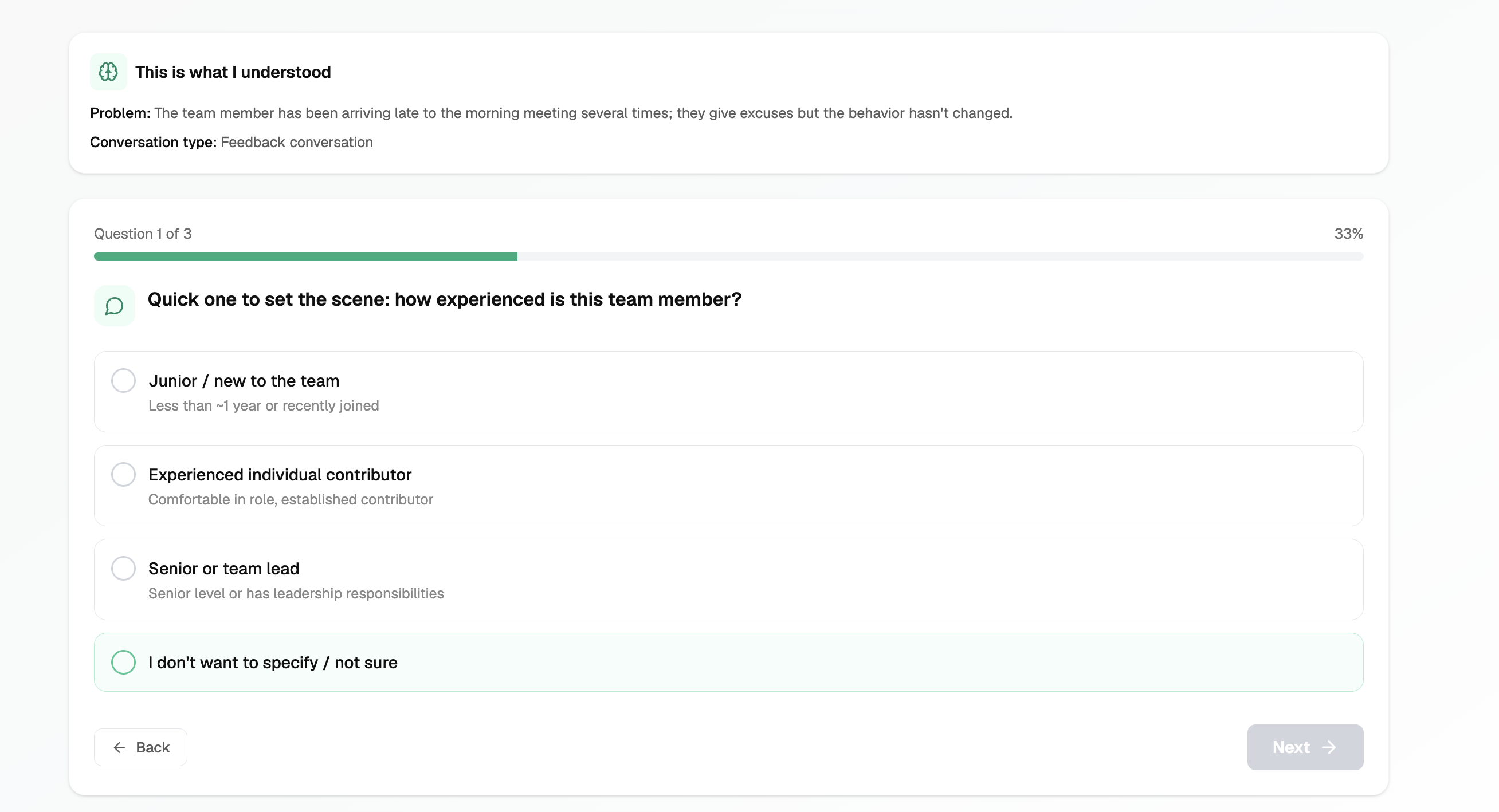 Kritikgespräch zur Pünktlichkeit mit Auswahlmöglichkeiten für Feedbackansätze im Führungstraining.