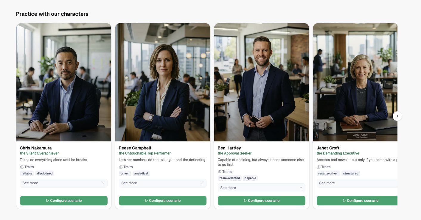 Four characters representing diverse roles in leadership and communication training for Careertrainer.ai.