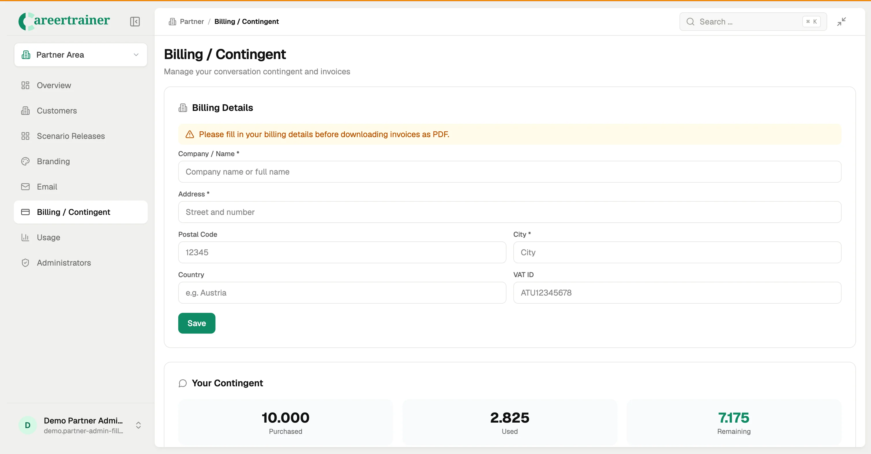 Partner billing dashboard with invoice details form and training credit usage overview