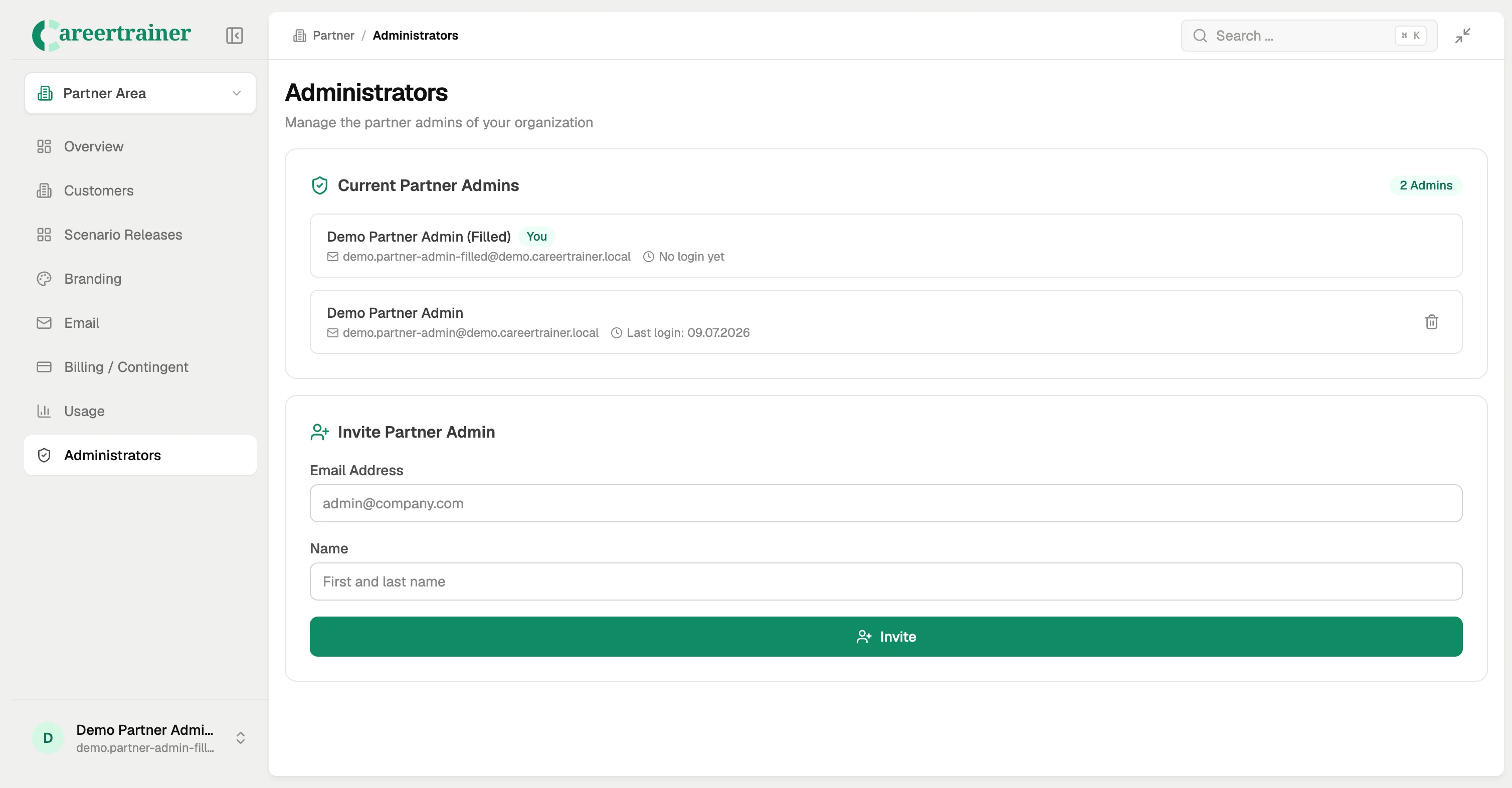 Partner admin management dashboard with current admins list and invite form