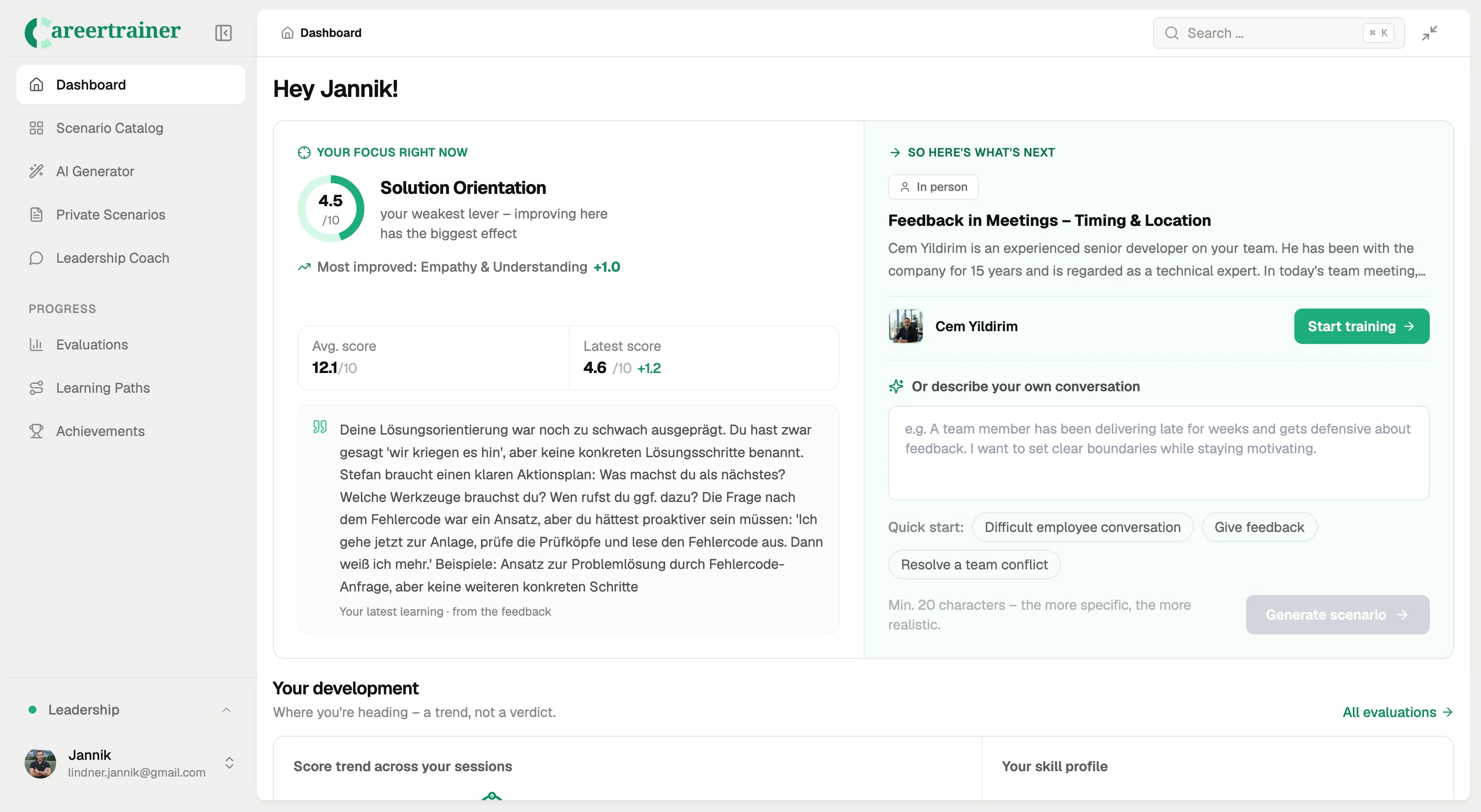 Leadership training dashboard with competency score, feedback analysis and scenario generator