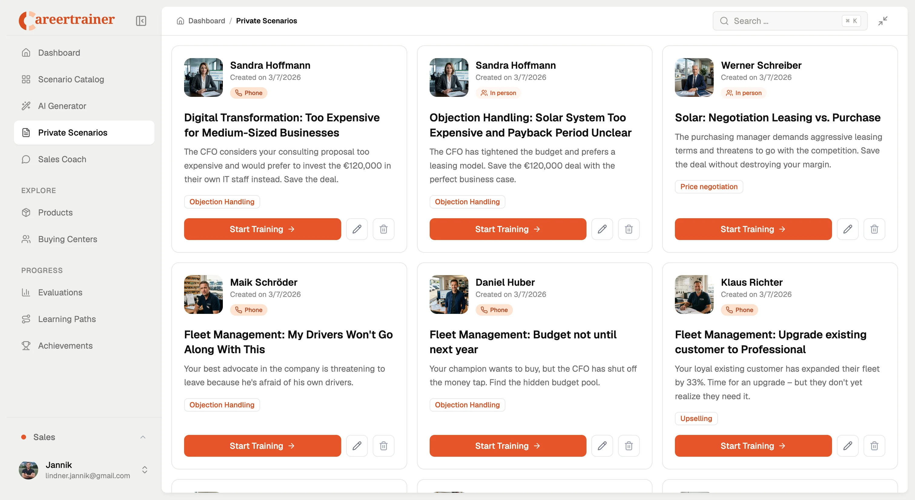 Private scenarios dashboard with searchable sales training scenario cards and category filters