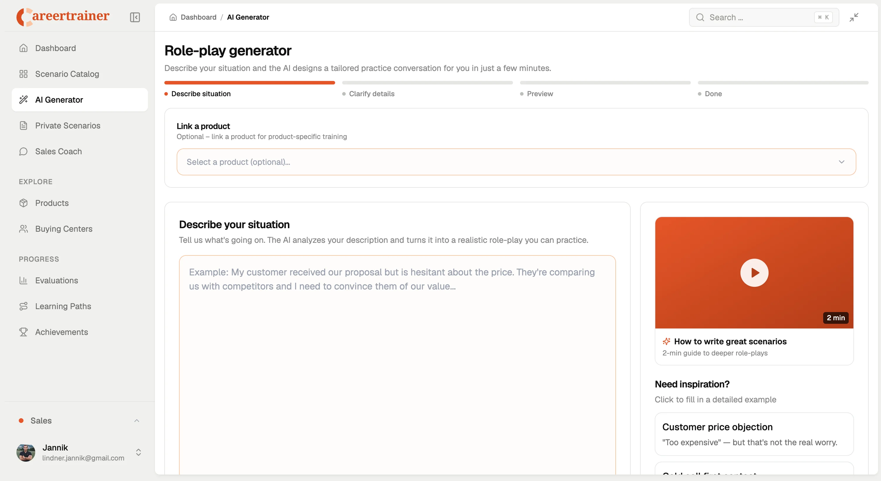 AI roleplay generator with scenario form and optional product link for sales training