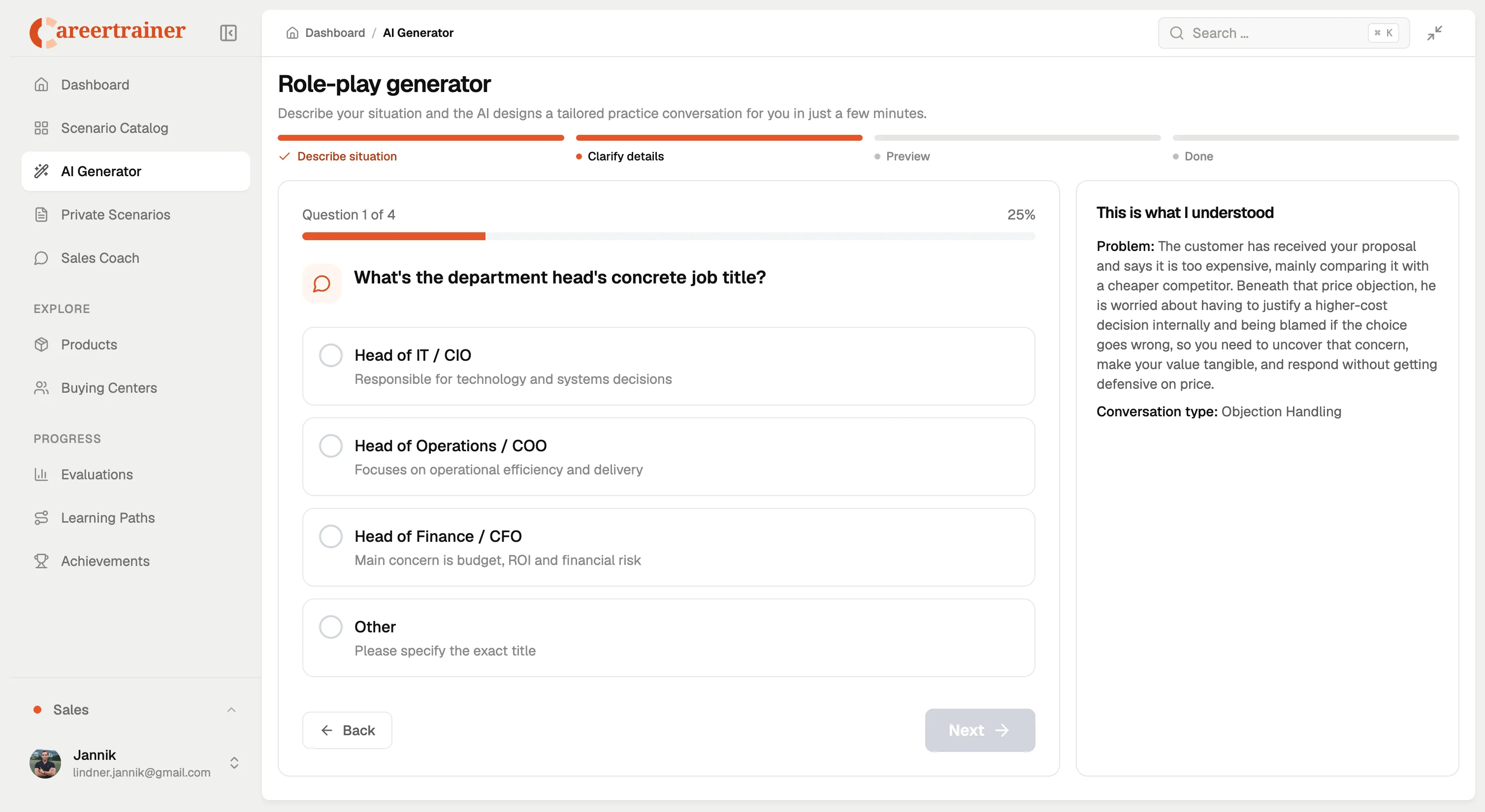 Roleplay generator questionnaire for creating a custom sales training scenario