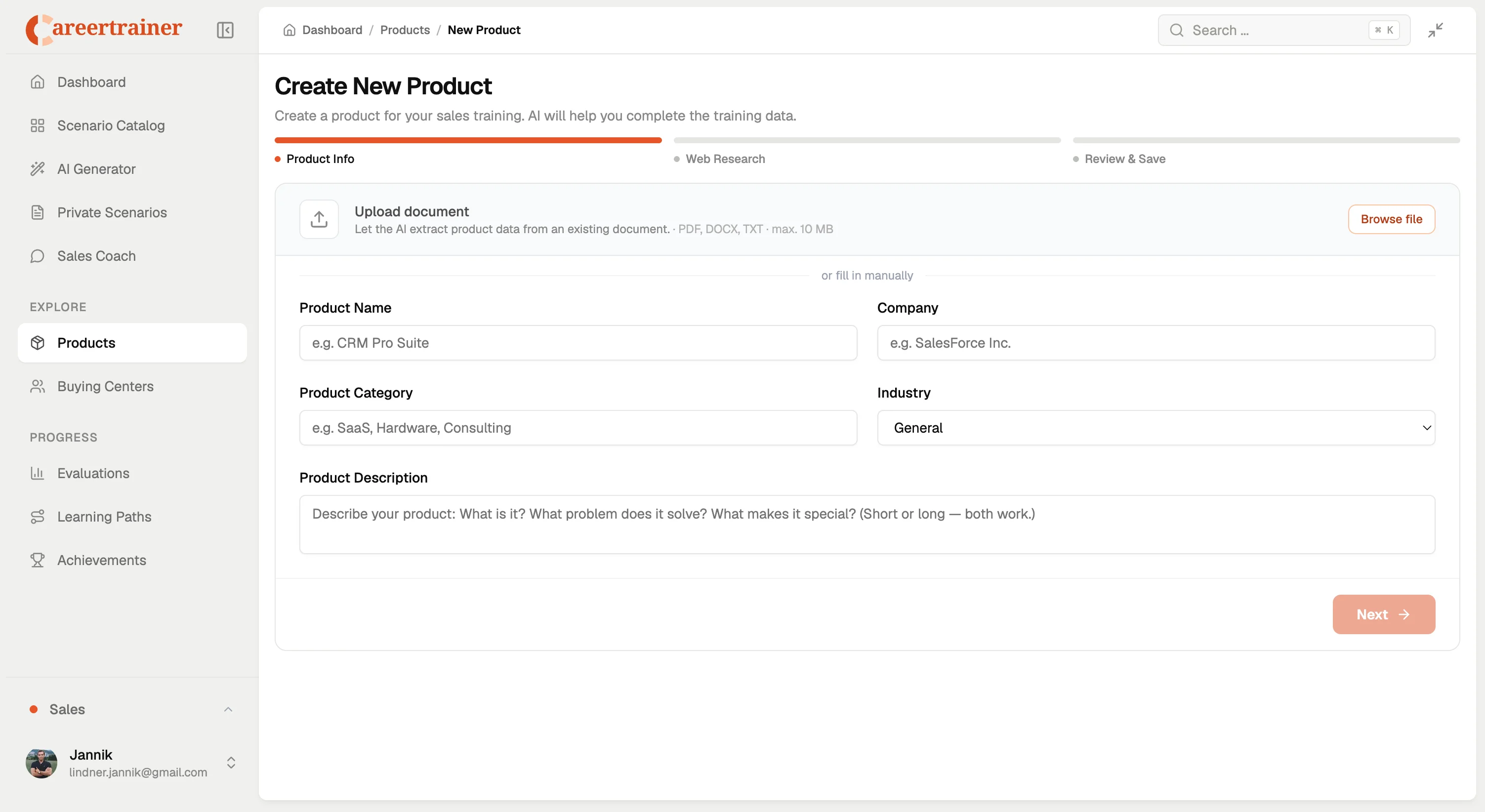 Product setup form for sales training with file upload and product data fields