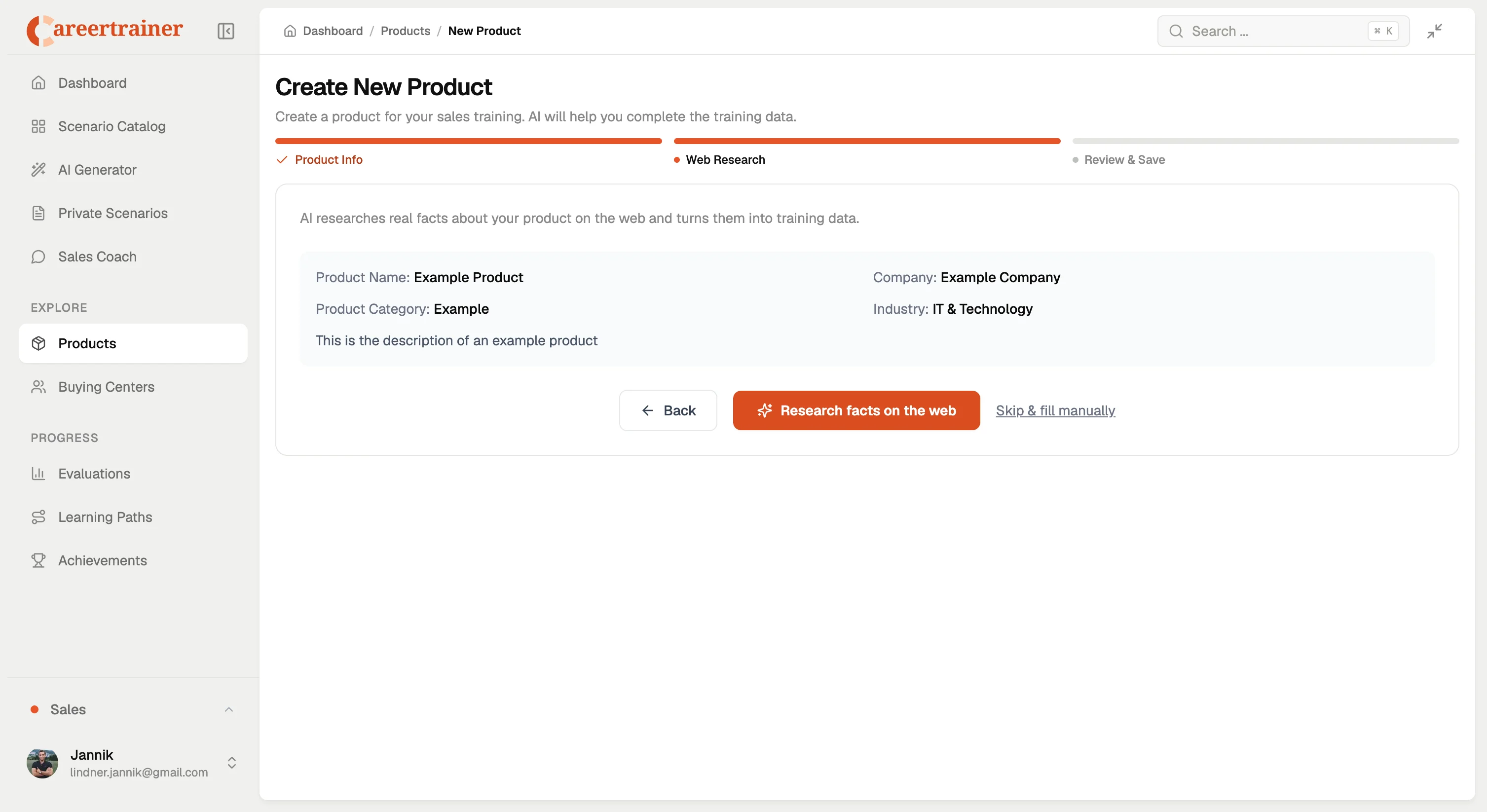 Product setup interface with web research step for sales training product data