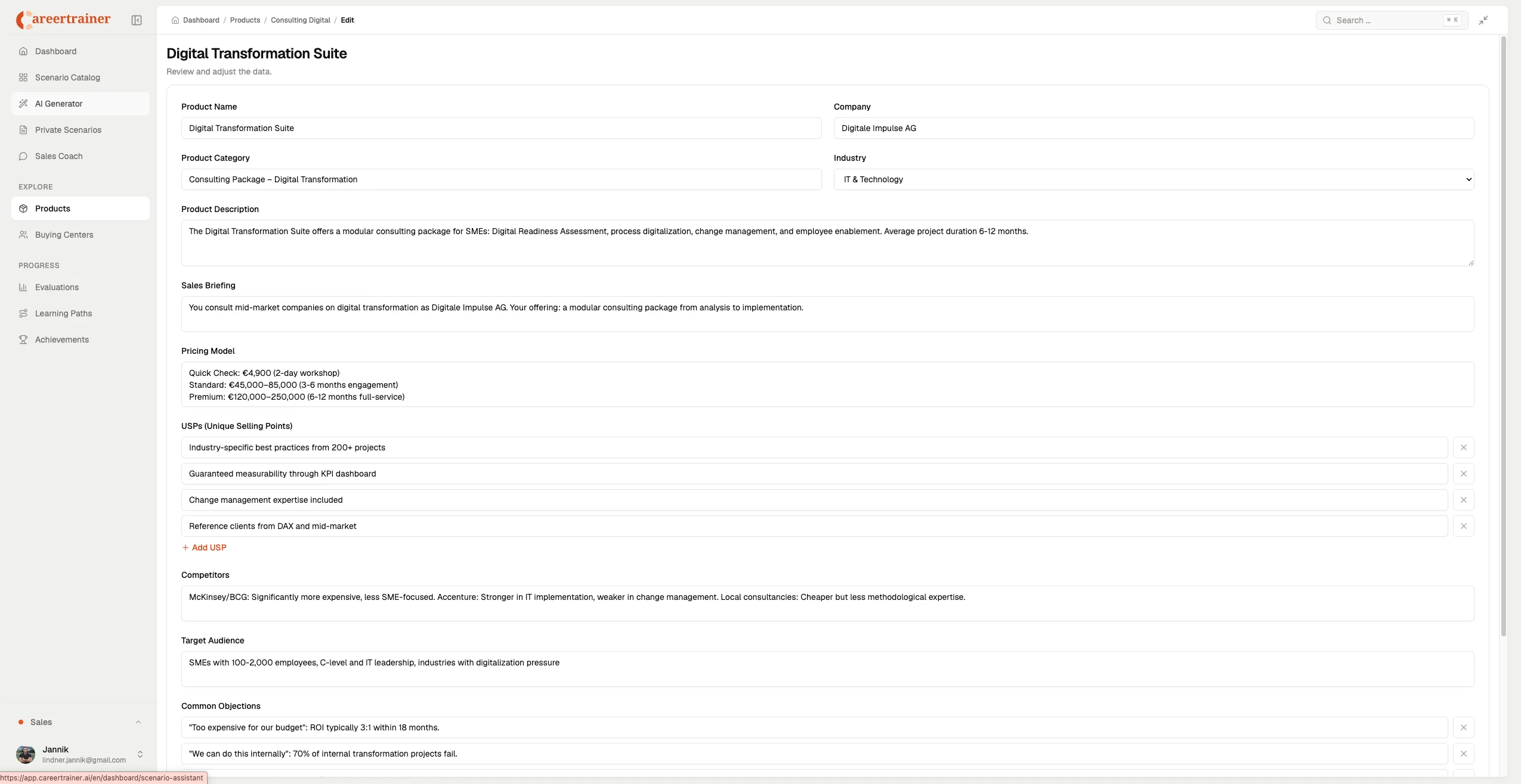 Product editing form with product details, sales briefing, pricing model and USP fields