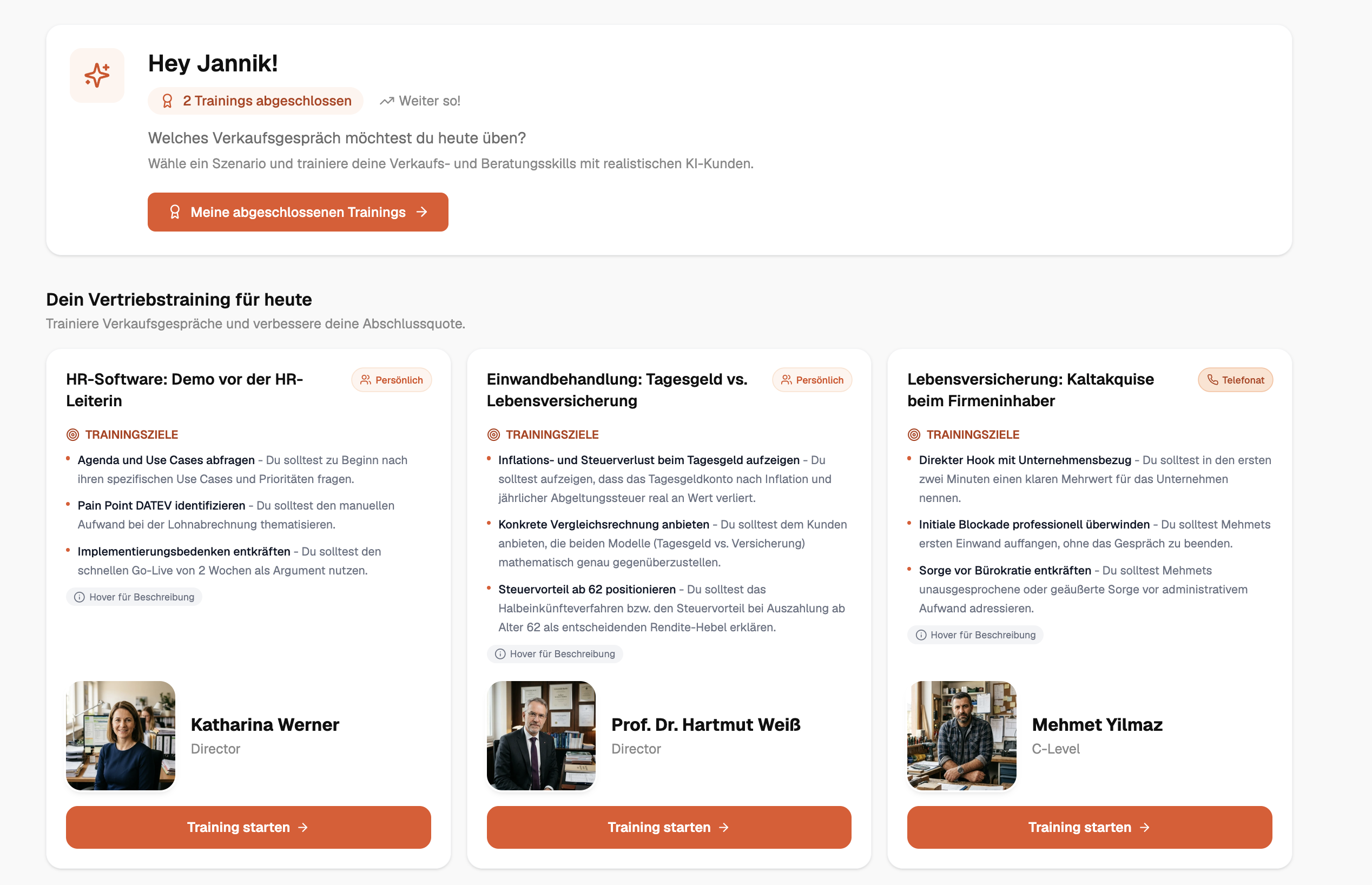 Vertriebstraining mit KI-gestützten Szenarien zur Verbesserung von Verkaufs- und Beratungskompetenzen.