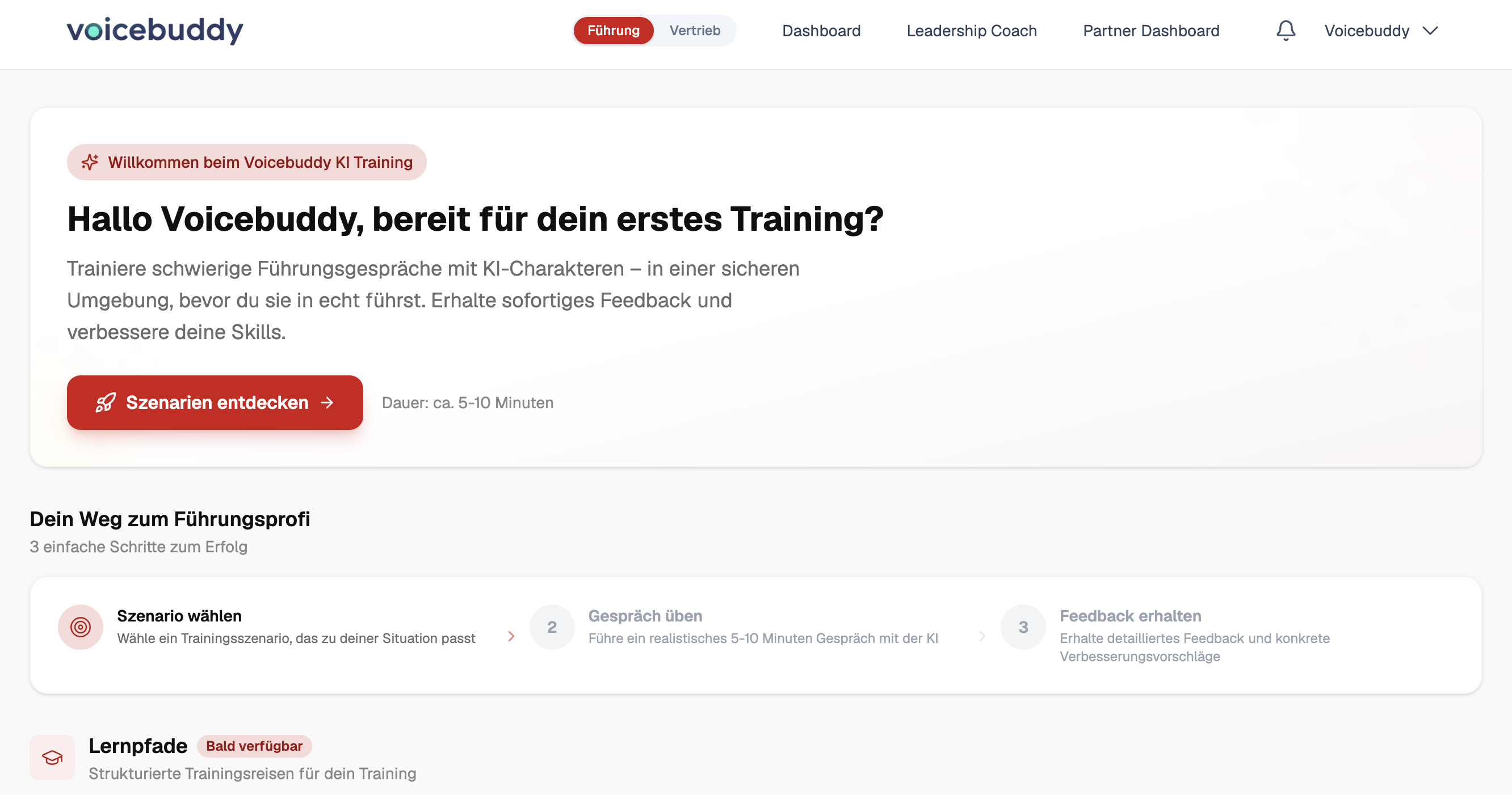Voicebuddy AI training platform for leadership conversations, offering scenario-based practice and instant feedback.
