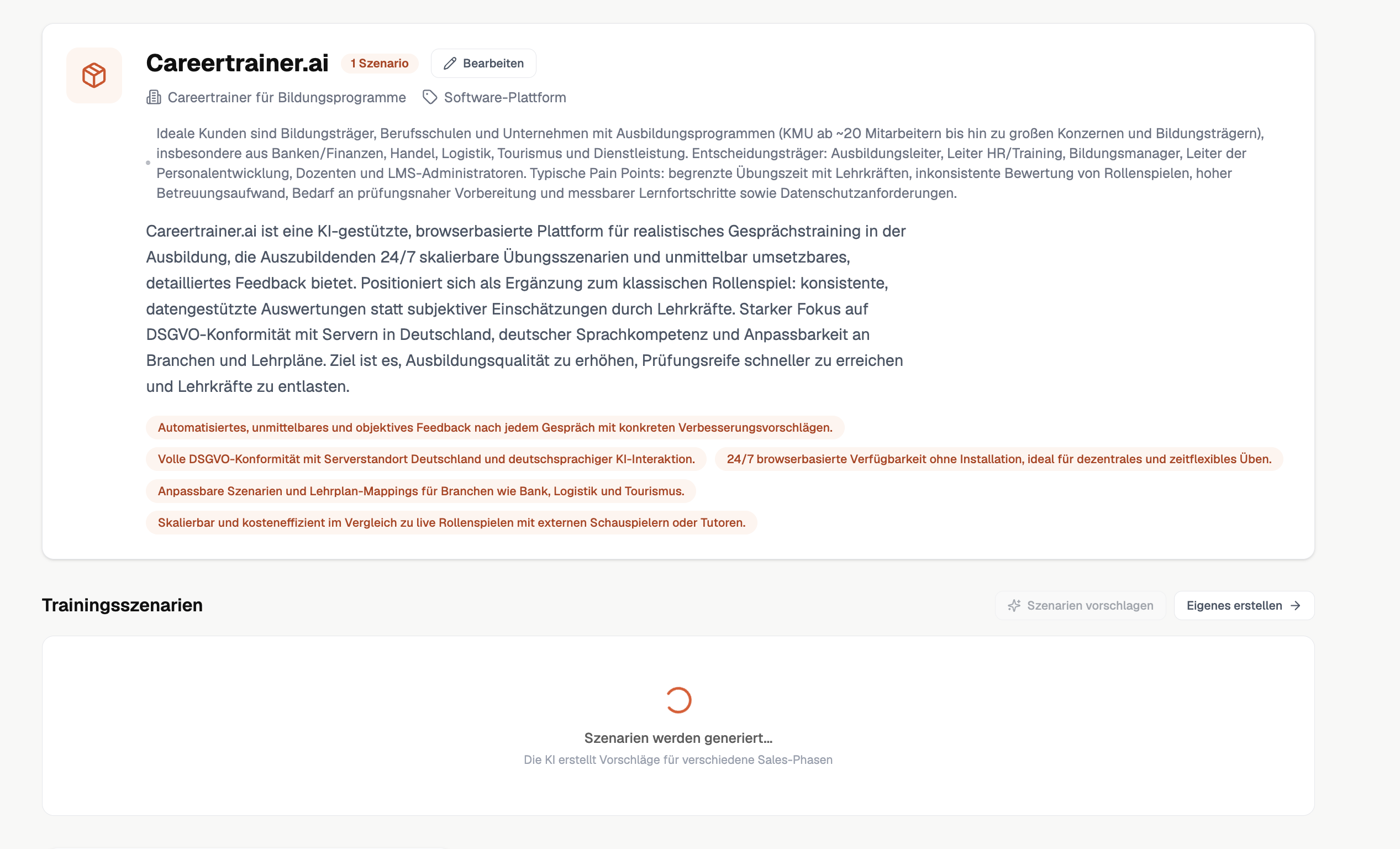 Produktübersicht mit Szenario-Beschreibung und Trainingsszenarien-Bereich zur KI-Erstellung neuer Sales-Szenarien