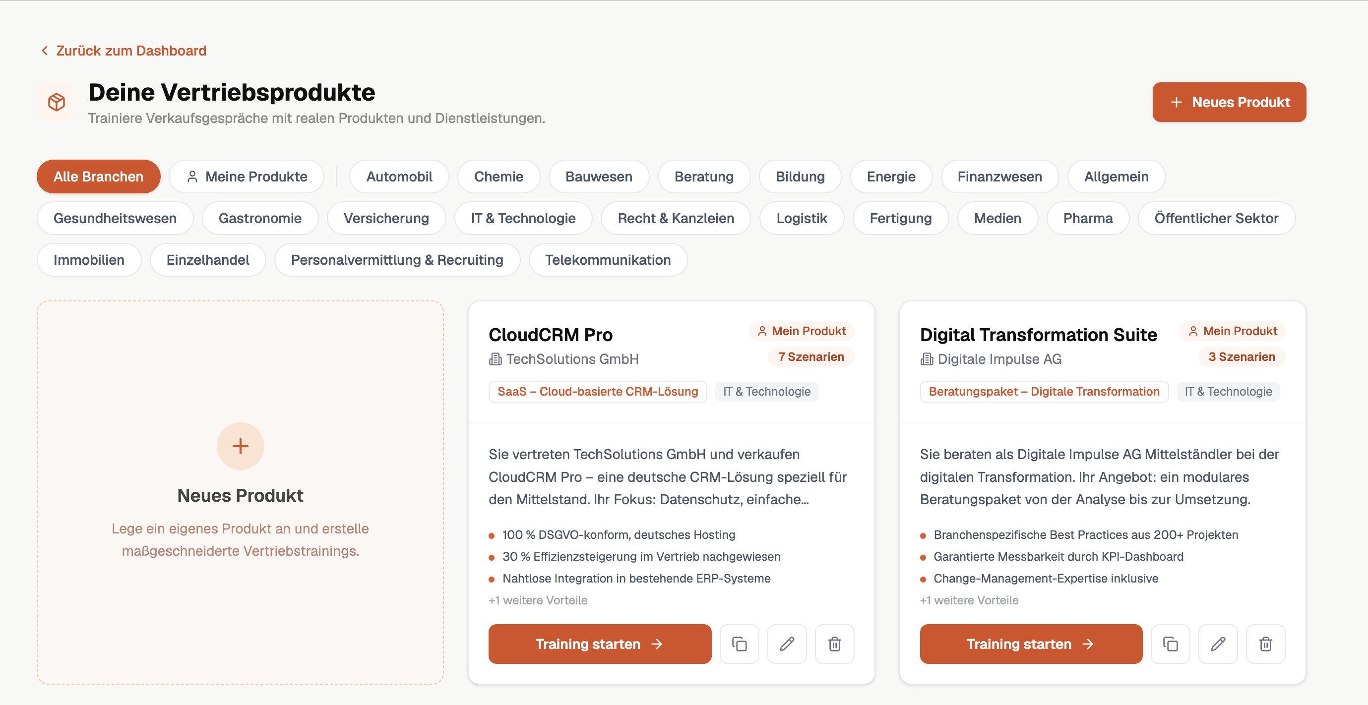 Produktübersicht mit Branchenfiltern, Produktkarten und Button zum Erstellen neuer Vertriebsprodukte