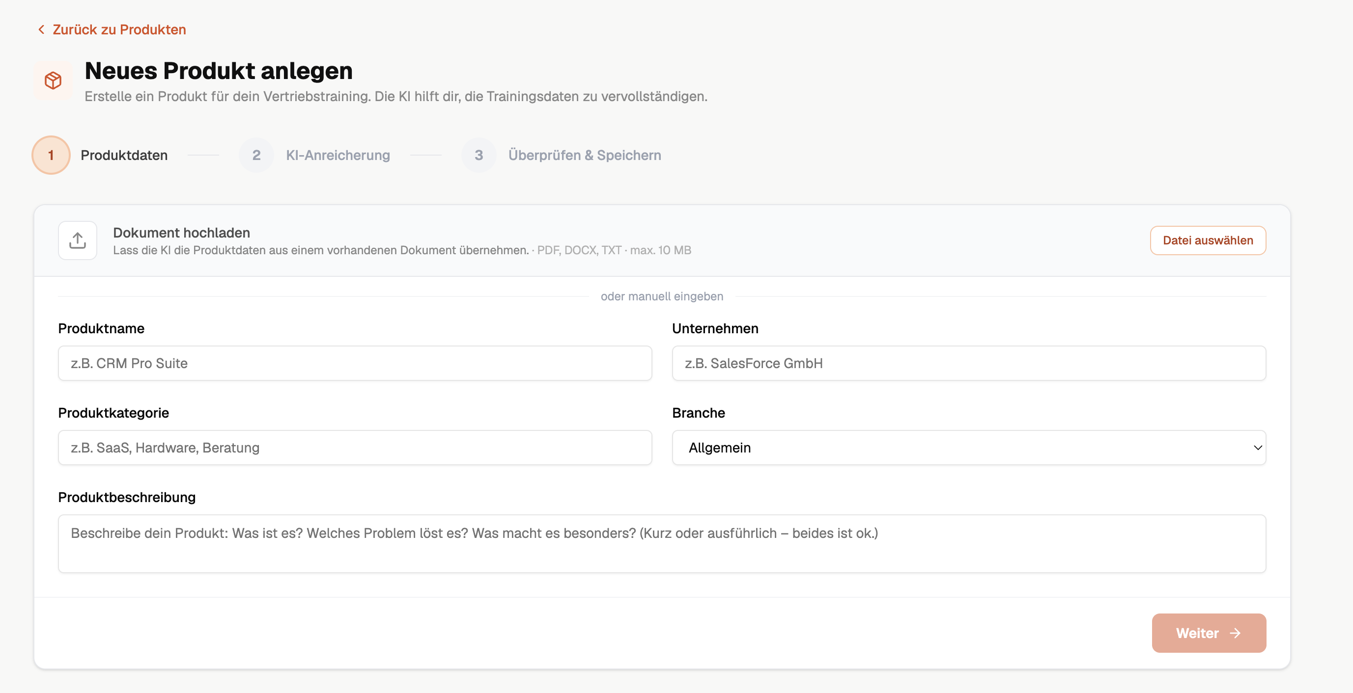 Formular zum Anlegen eines neuen Produkts mit Upload-Funktion und Feldern für Produktdaten im Vertriebstraining