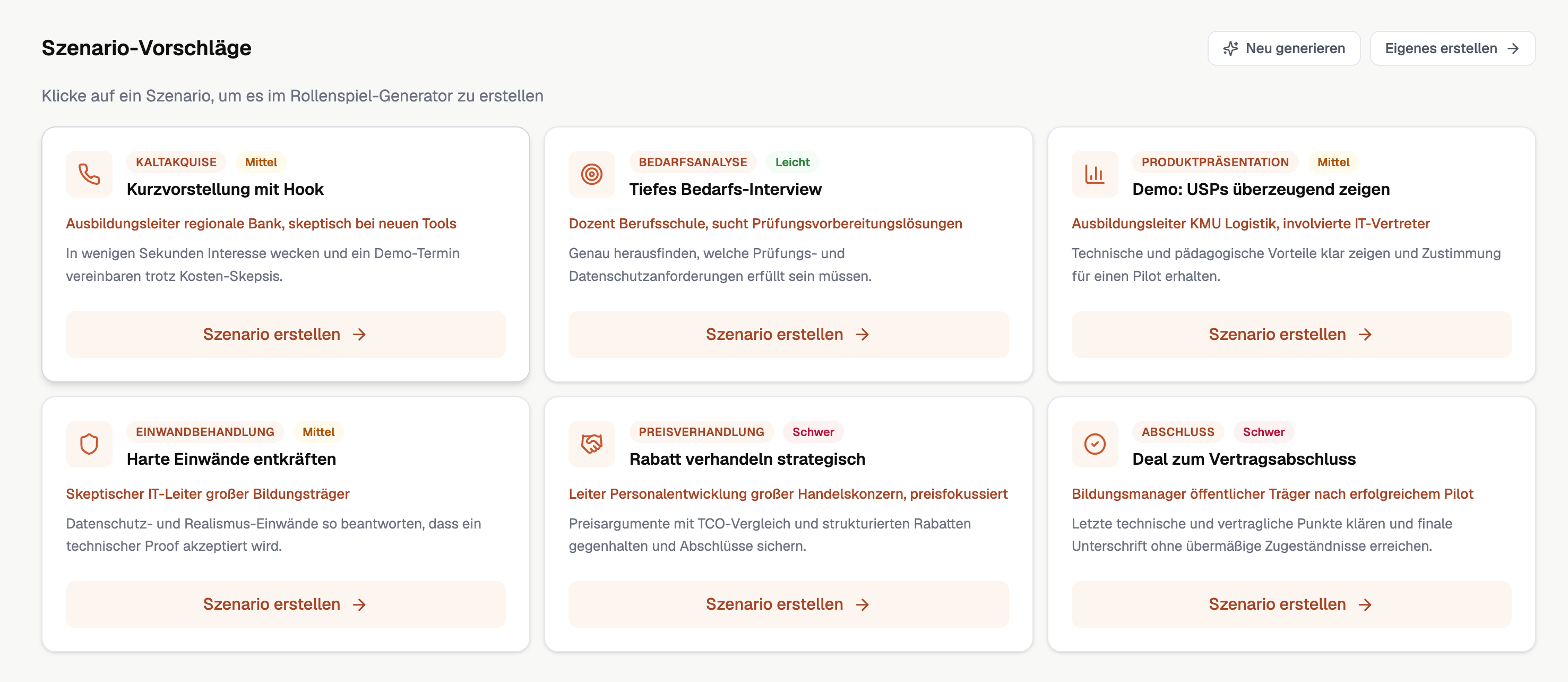 Szenario-Vorschläge mit Sales-Trainingskarten für Kaltakquise, Bedarfsanalyse, Produktpräsentation und Abschluss