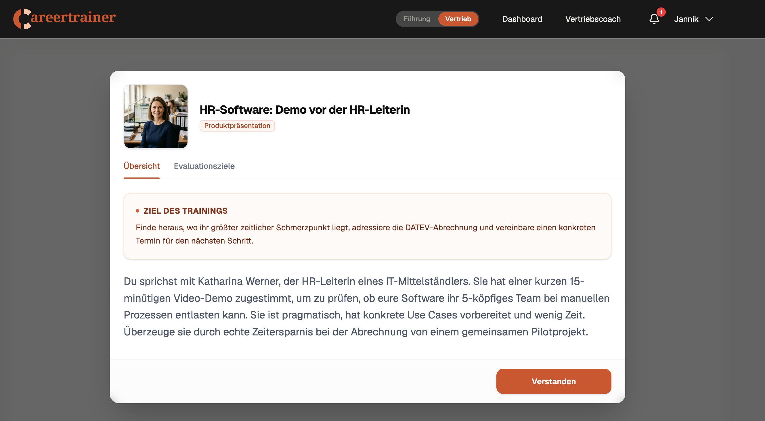 Szenario-Übersicht zur Produktpräsentation im Vertriebstraining mit Trainingsziel und Evaluationszielen