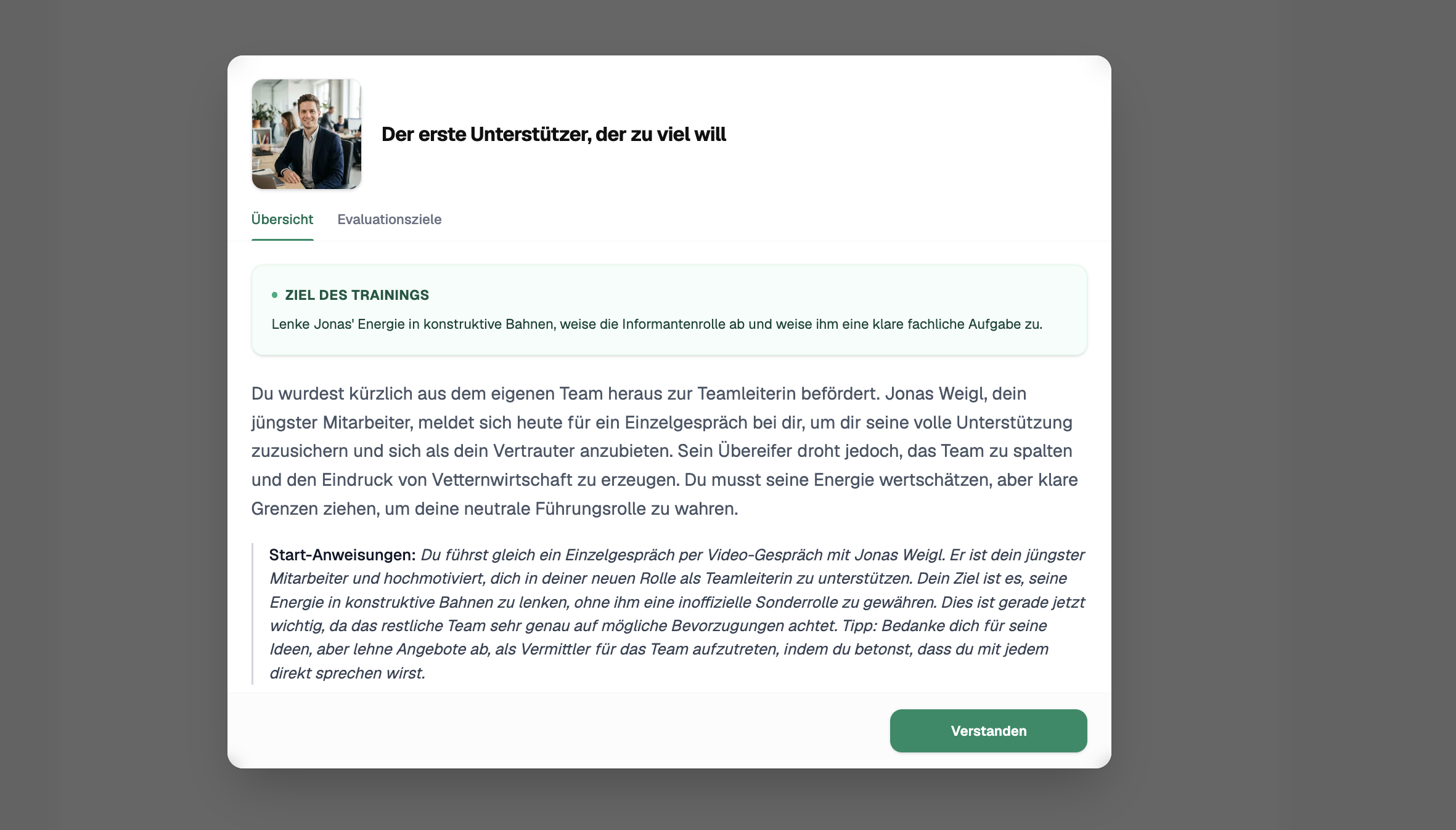 Szenario-Übersicht für ein Führungs-Rollenspiel mit Trainingsziel und Start-Anweisungen