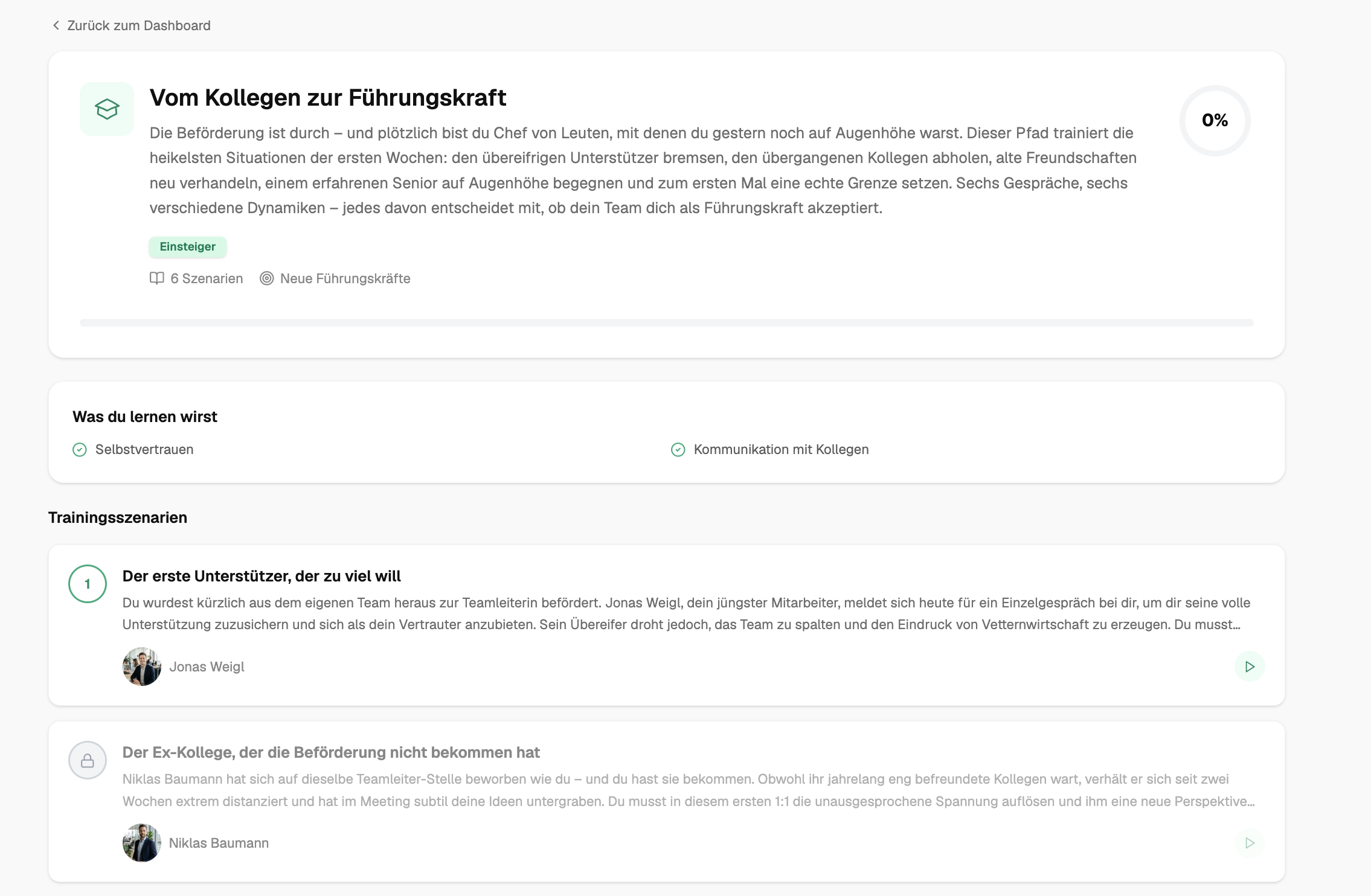 Szenario-Auswahl für Führungskräftetraining mit Lernzielen, Fortschritt und Gesprächsszenarien für neue Führungskräfte