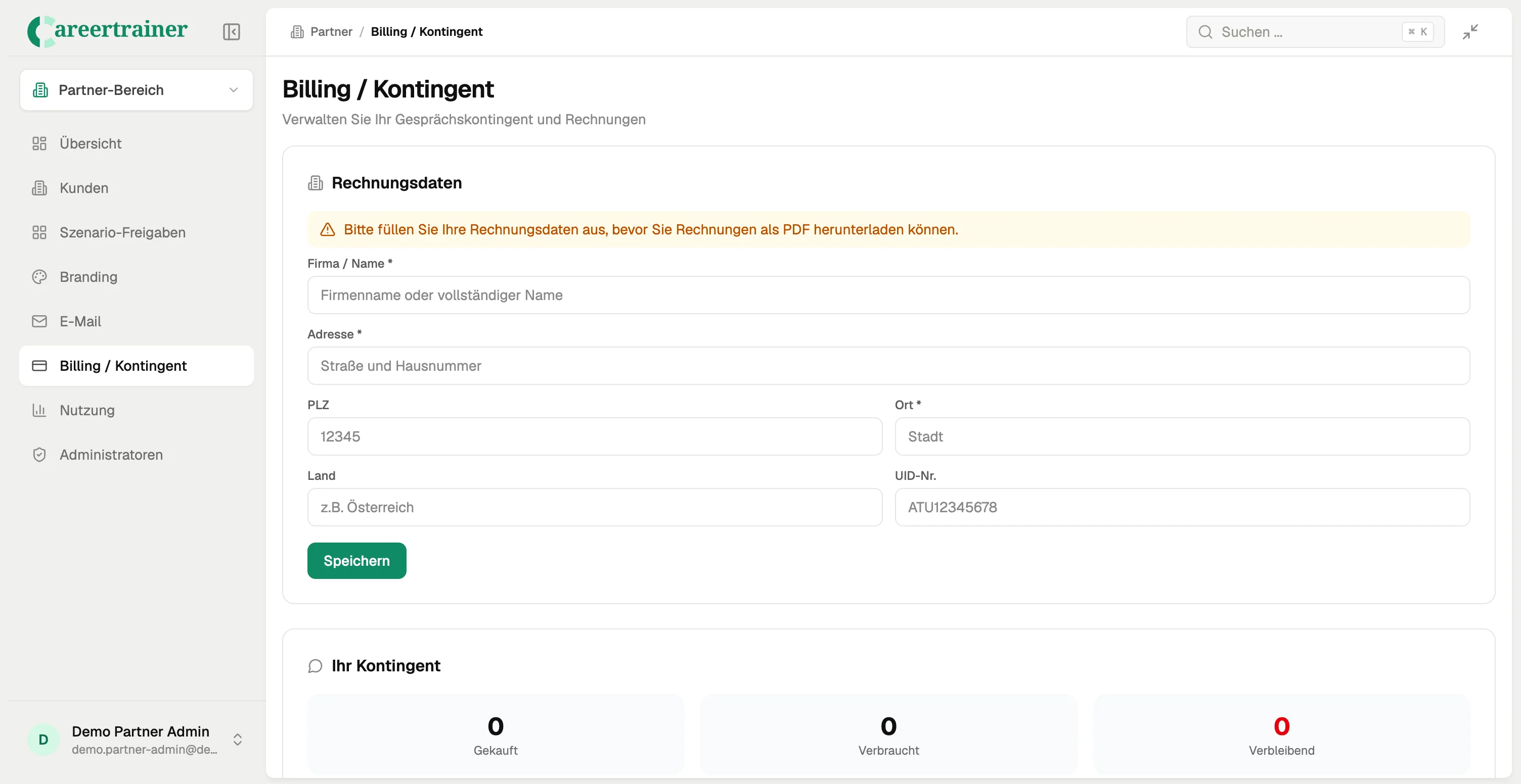 Partner-Bereich Billing/Kontingent mit Rechnungsdaten-Formular und Kontingentübersicht