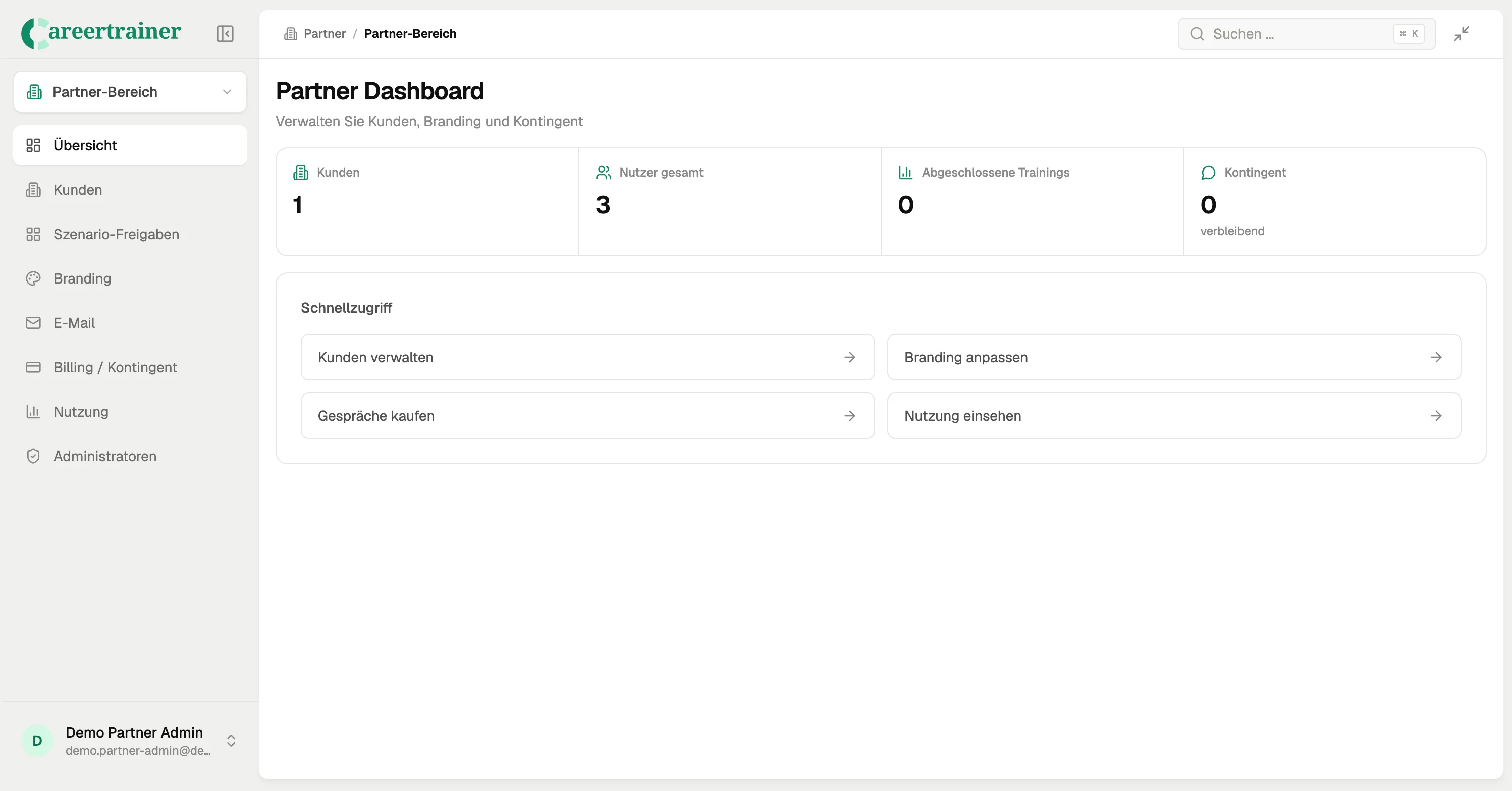 Partner-Dashboard mit Kunden, Nutzern, Trainings und Kontingent sowie Schnellzugriff für Branding und Nutzung