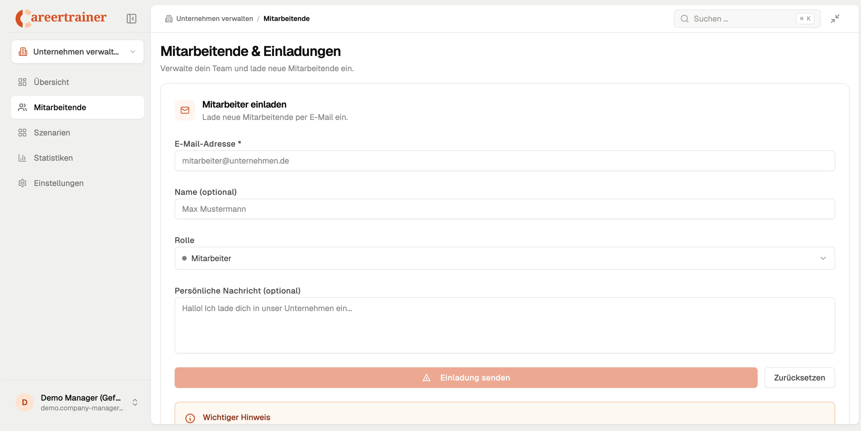 Mitarbeitende-und-Einladungen-Seite mit Formular zum Einladen neuer Mitarbeiter per E-Mail im Admin-Dashboard