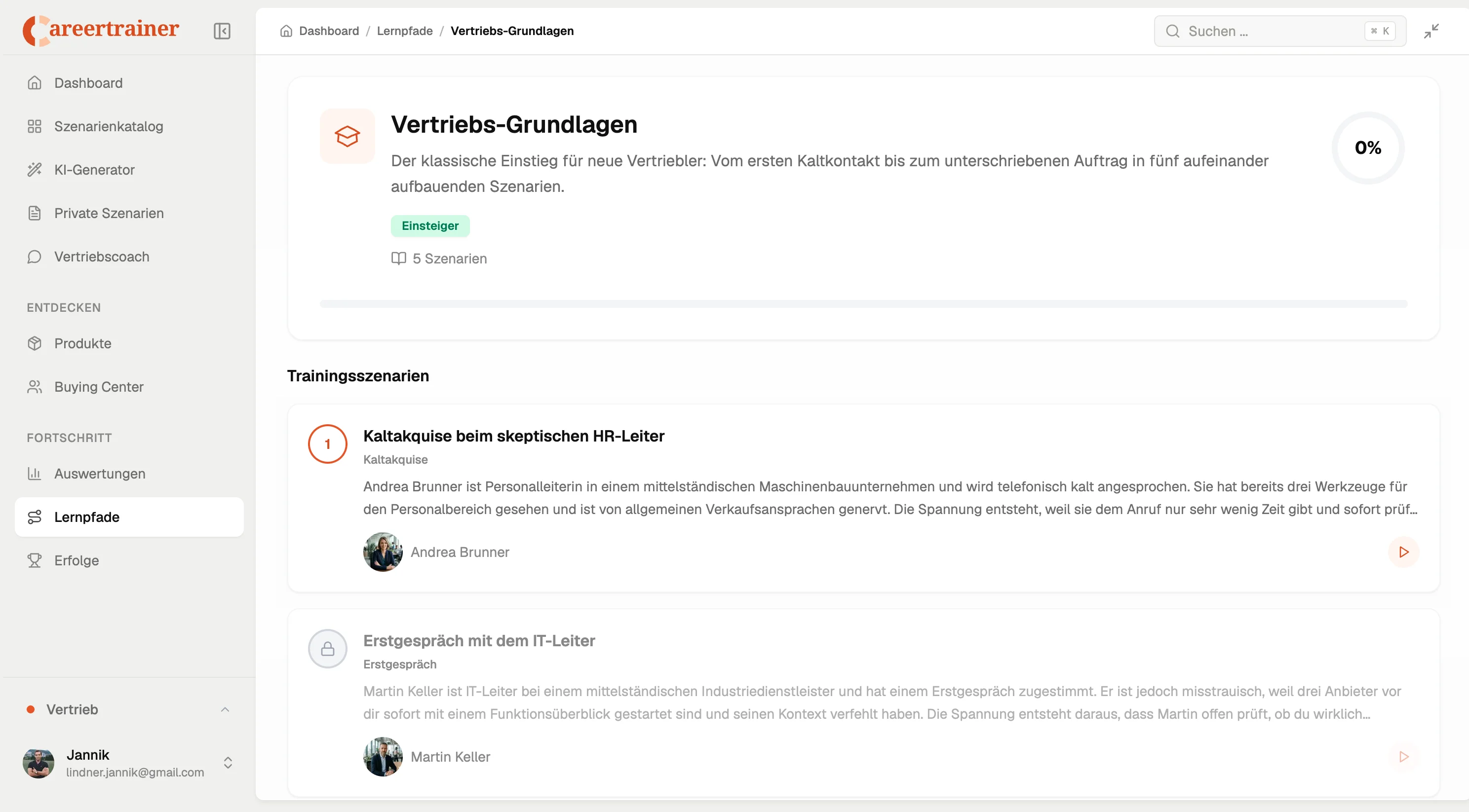 Lernpfad Vertriebs-Grundlagen mit Trainingsszenarien für Kaltakquise und Erstgespräch im Dashboard