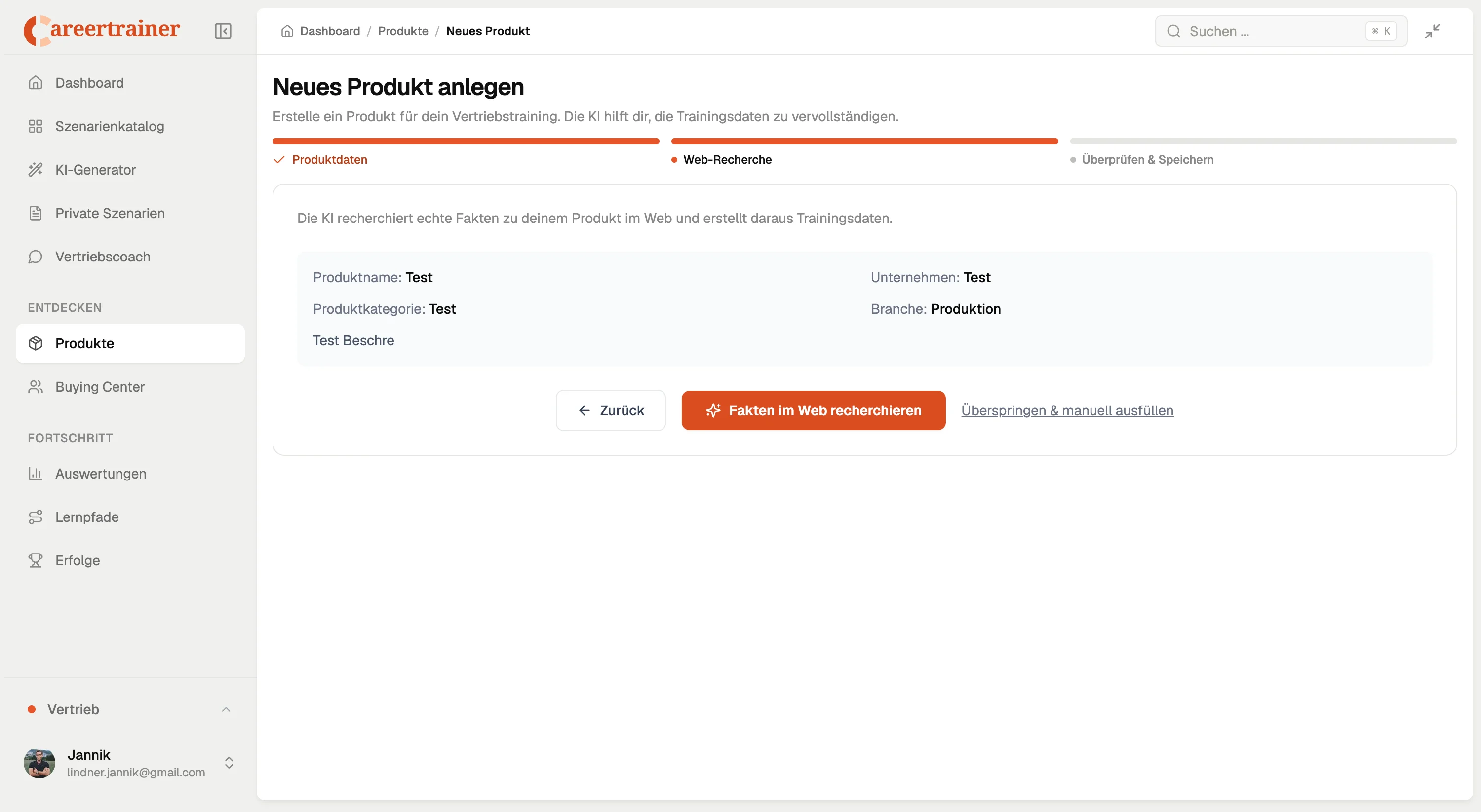 Produktanlage mit Web-Recherche-Schritt für Trainingsdaten im Vertriebs-Dashboard