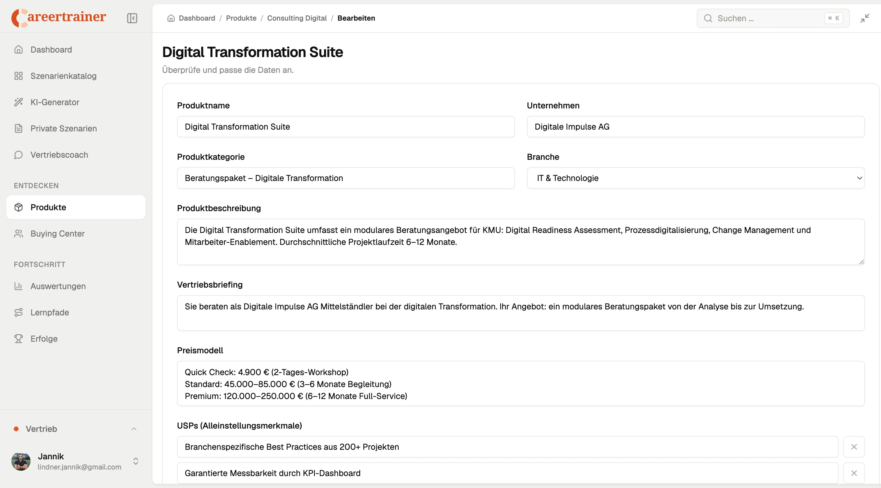 Produkt-Bearbeitungsmaske mit Produktbeschreibung, Vertriebsbriefing, Preismodell und USPs im Sales-Training
