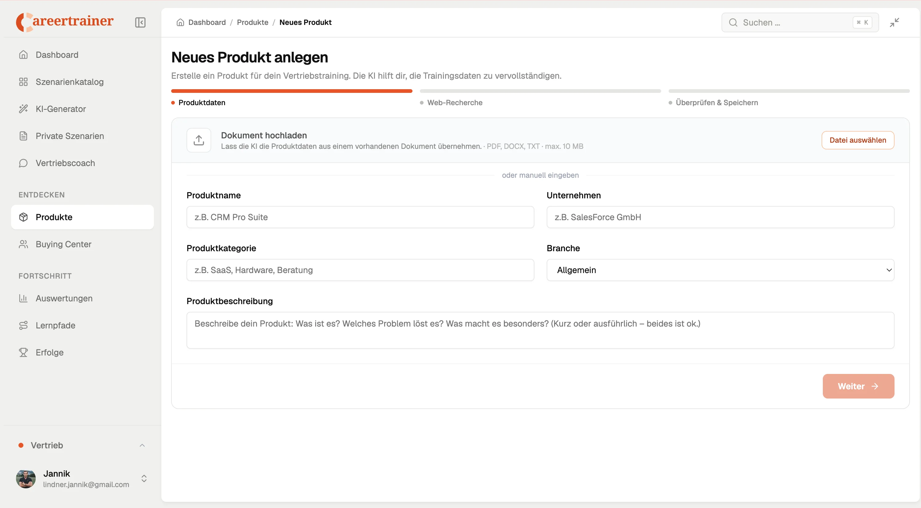 Produktverwaltung zum Anlegen eines neuen Vertriebsprodukts mit Upload, Formularfeldern und Fortschrittsleiste