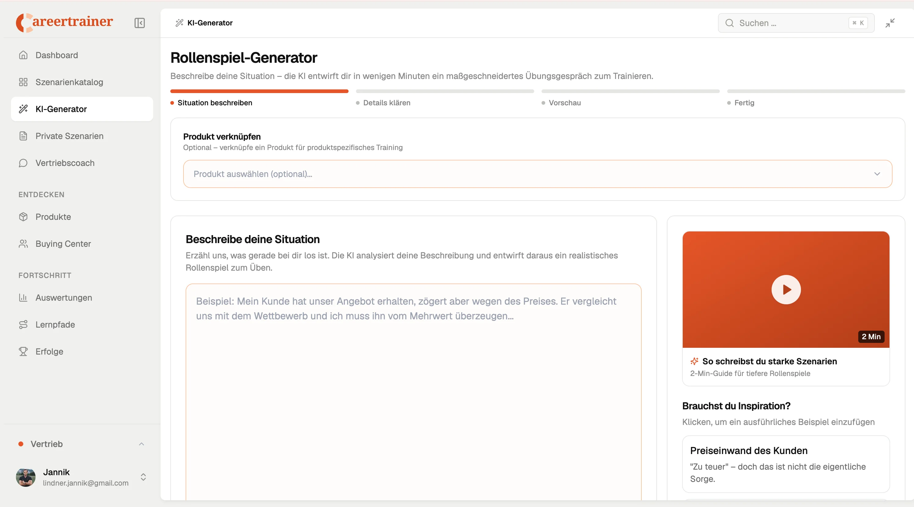 Rollenspiel-Generator mit Situationsbeschreibung und Produktauswahl für individuelles Sales-Training