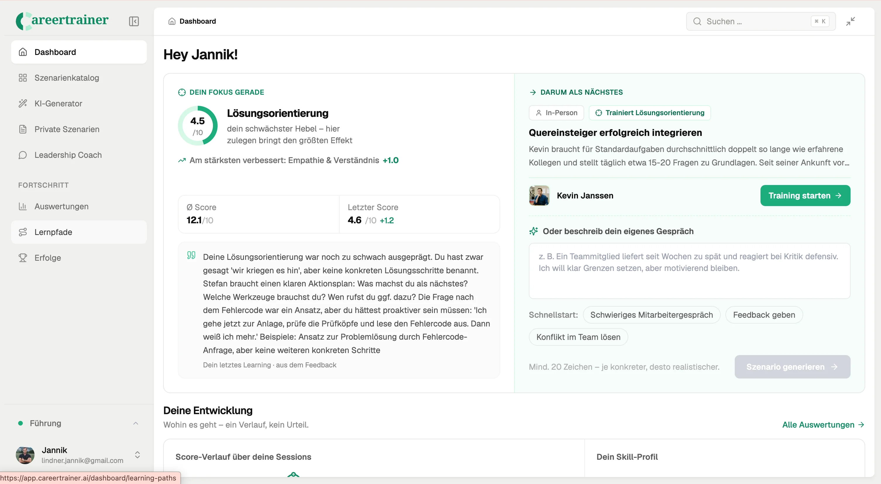 Dashboard mit Fokus-Score, Feedback-Auswertung und Trainingsvorschlag für Leadership-Gesprächstraining