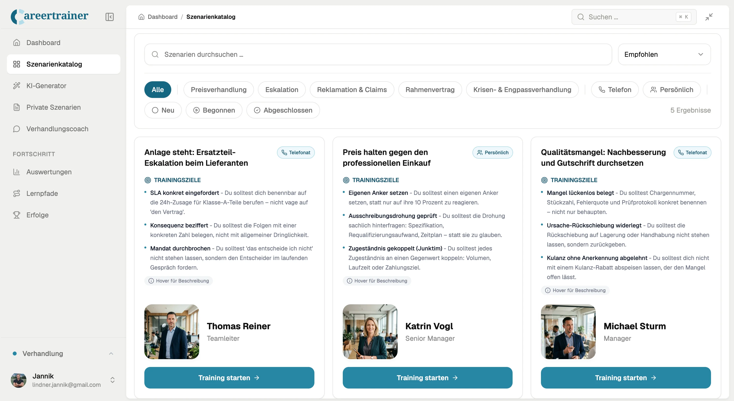 Szenarienkatalog mit Suchfiltern und Verhandlungsszenarien für Telefon- und Präsenztraining