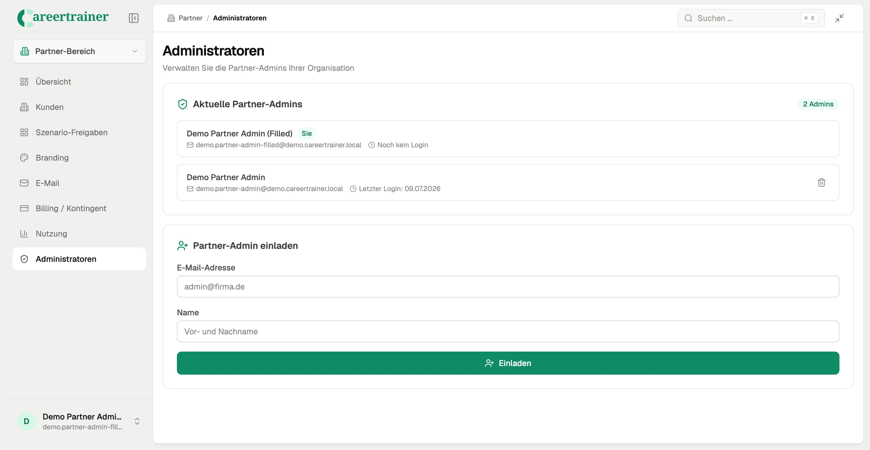 Administratoren-Verwaltung im Partnerbereich mit aktueller Admin-Liste und Formular zum Einladen neuer Partner-Admins