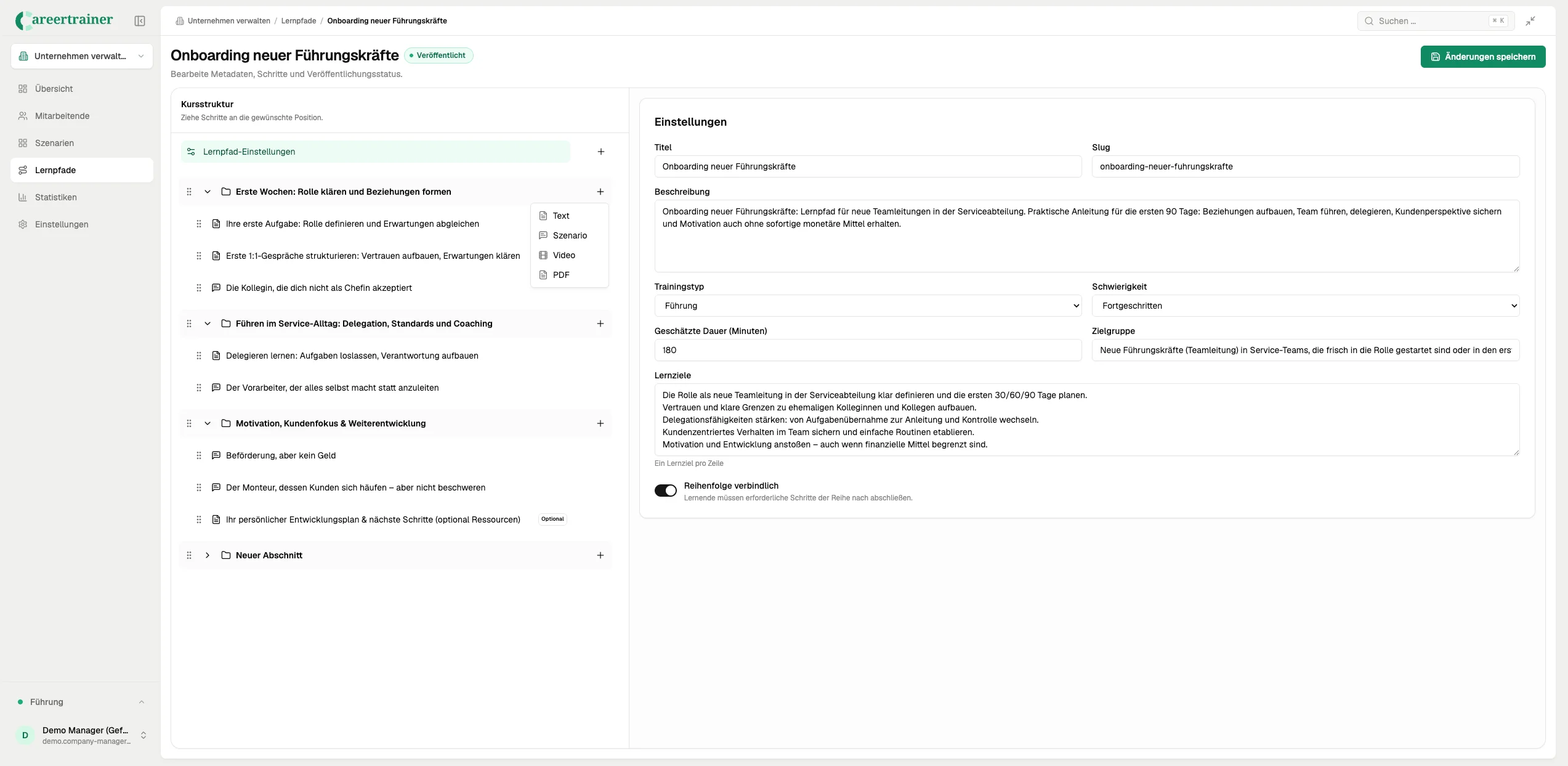 Lernpfad-Editor mit Kursstruktur, Einstellungen sowie Optionen für Text-, Szenario-, Video- und PDF-Inhalte