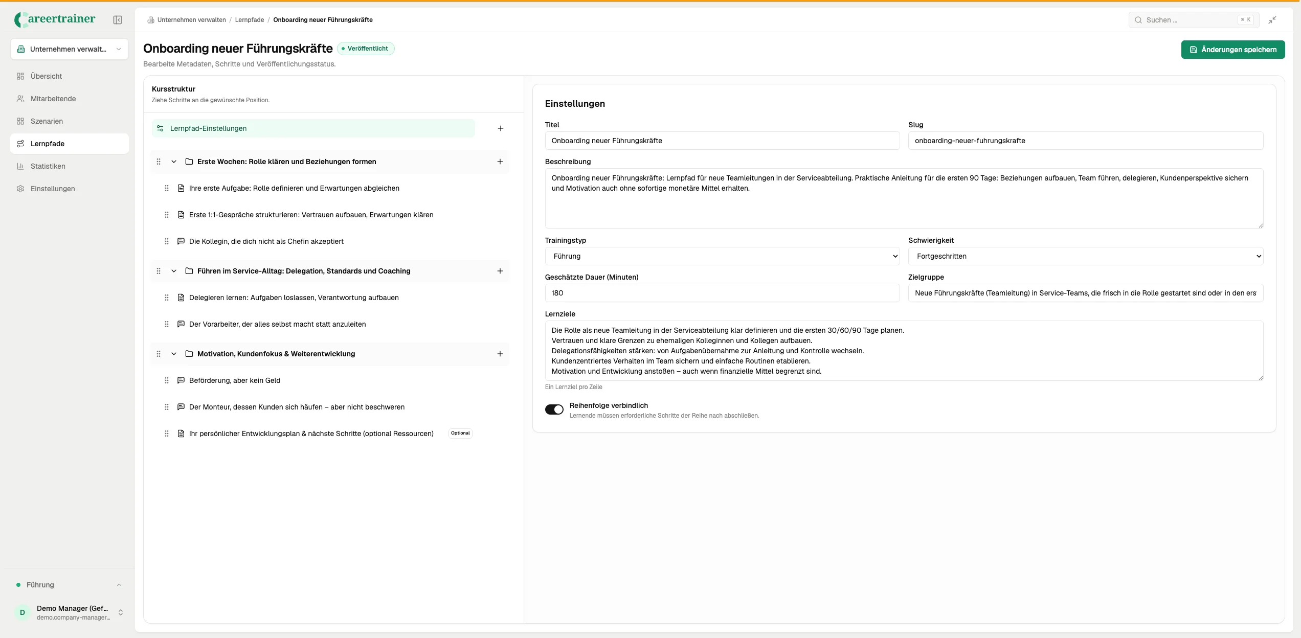 Lernpfad-Editor mit Kurstruktur, Einstellungen sowie PDF-, Text- und allgemeinen Lernpfad-Inhalten für Führungstrainings