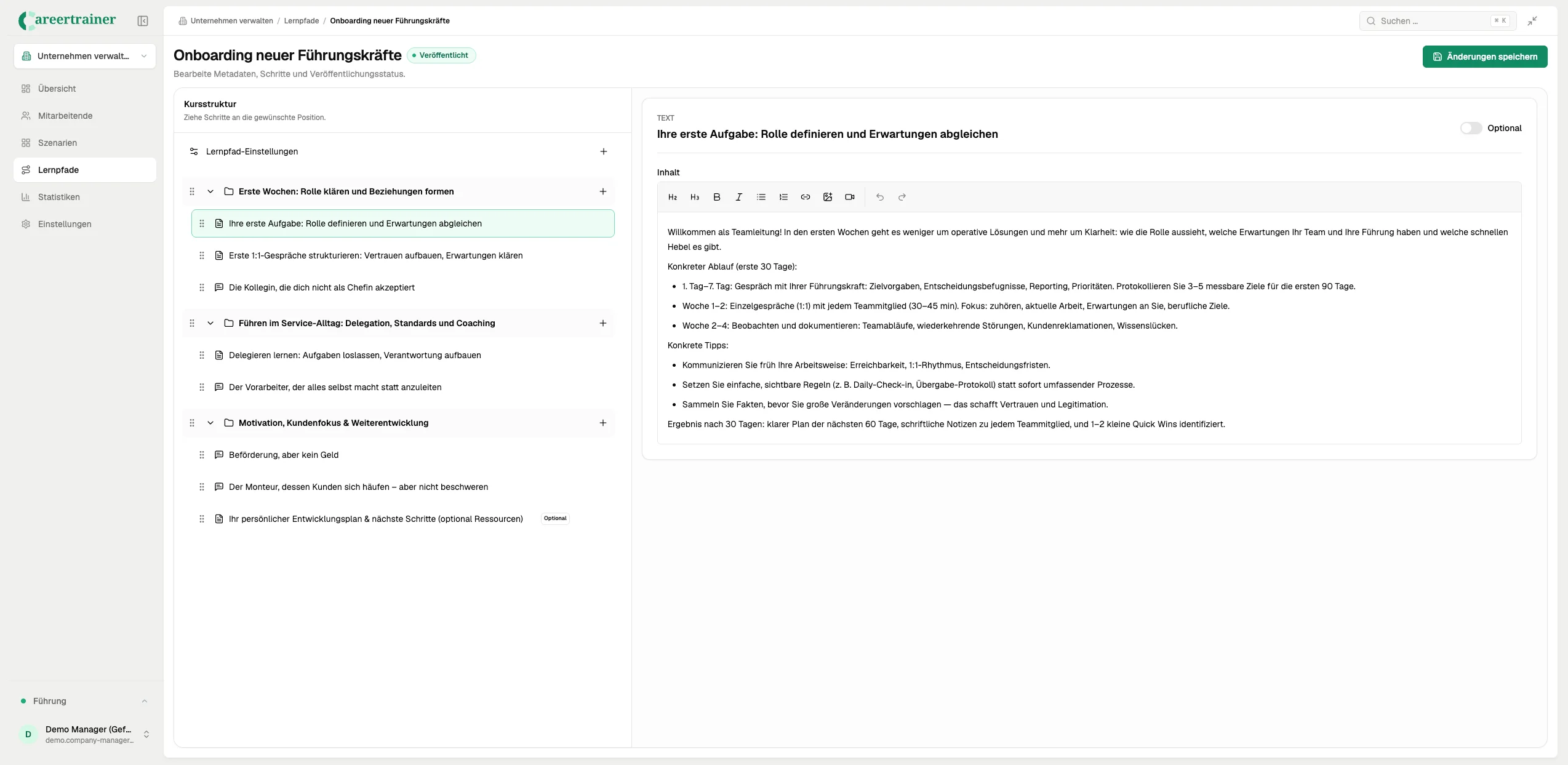 Lernpfad-Editor mit Kursstruktur, Textelement und Einstellungen für Onboarding neuer Führungskräfte
